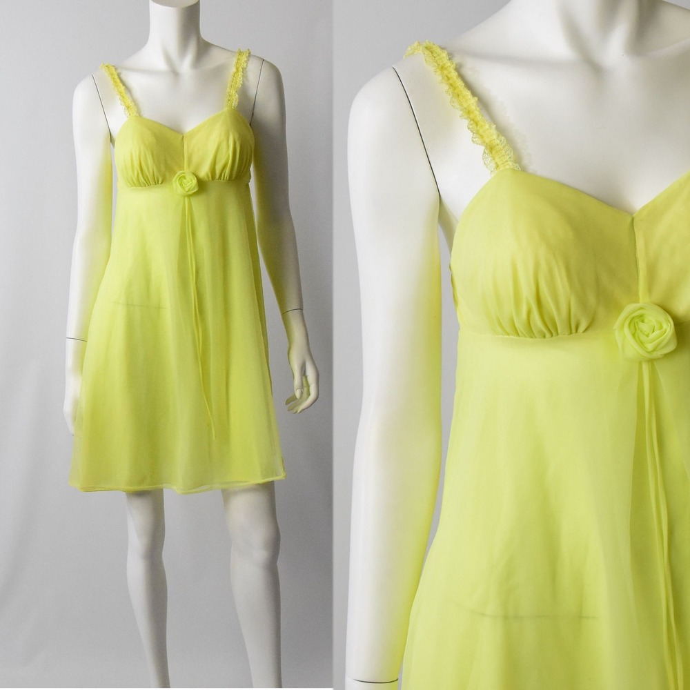 1960's Vintage Yellow Skater Nightgown Empire Waist Size XS Babydoll Mini Olga